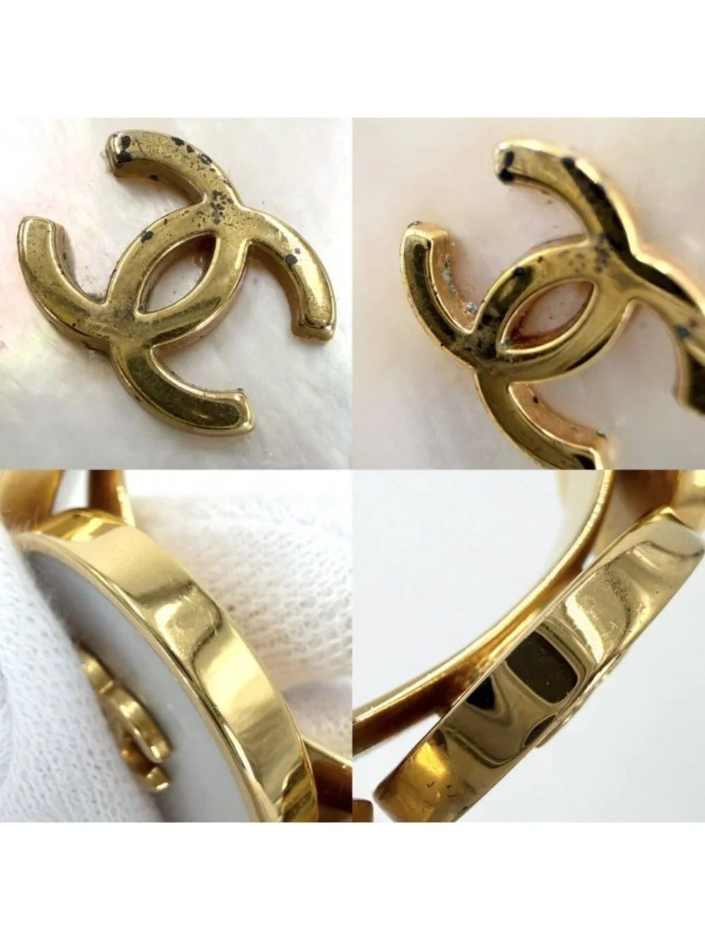 Chanel Bangle CC Logo Vintage Gold Plated White Bracelet